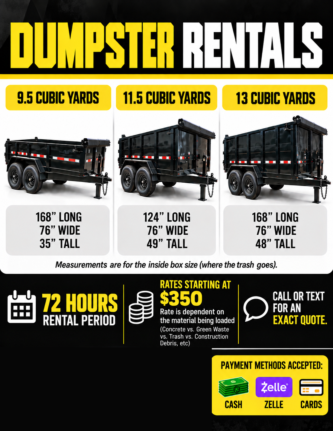 SFV Dumpsters trailer size chart — 9.5, 11.5, and 13 cubic yard dump trailers with dimensions